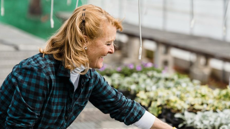 Vrouw zet planten neer in een plantenkas