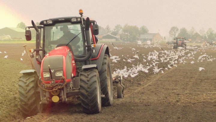 Tractor rijdt over akker